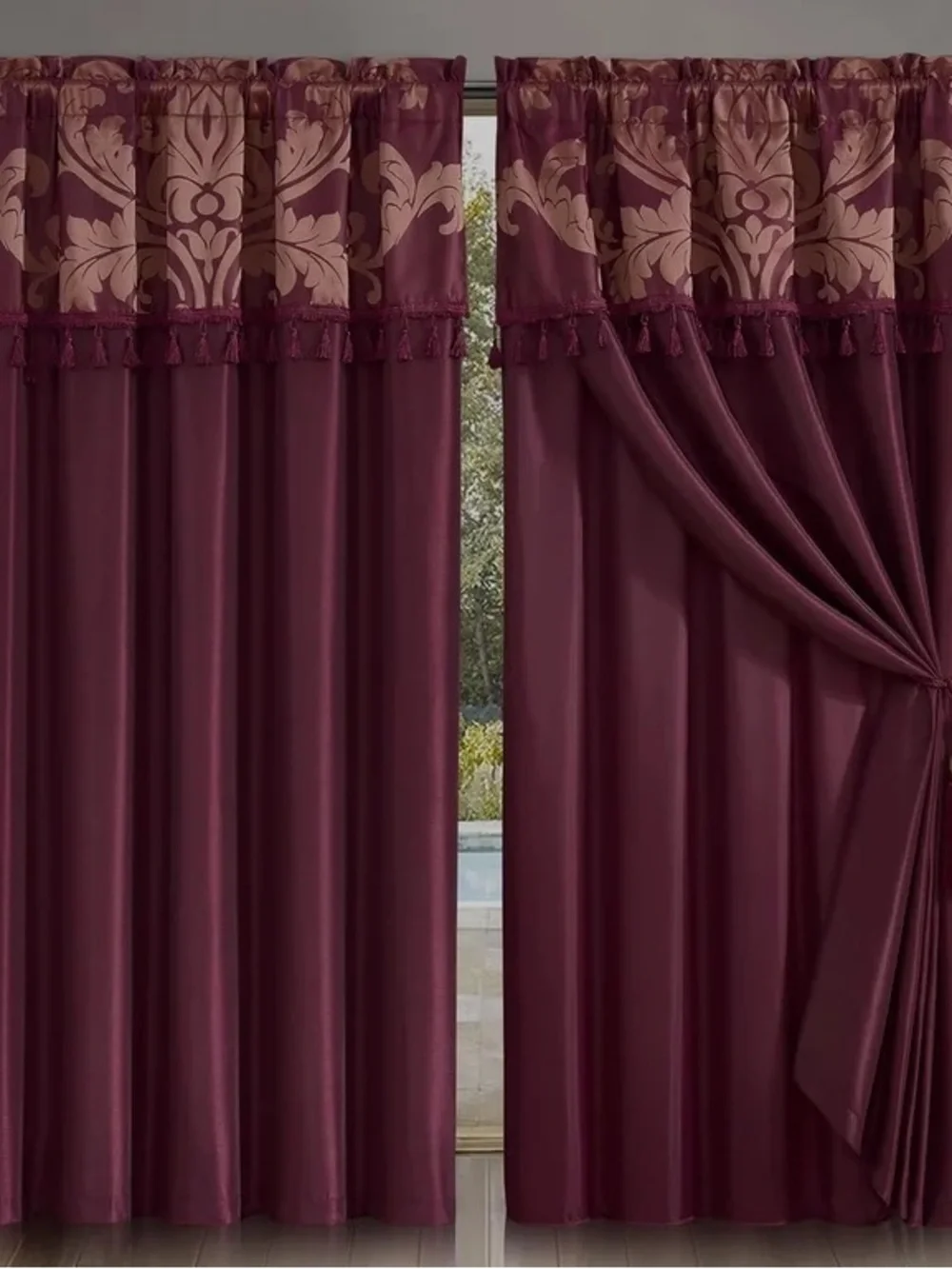 Elegant Damask Valance Blackout Curtain Panel in Burgundy